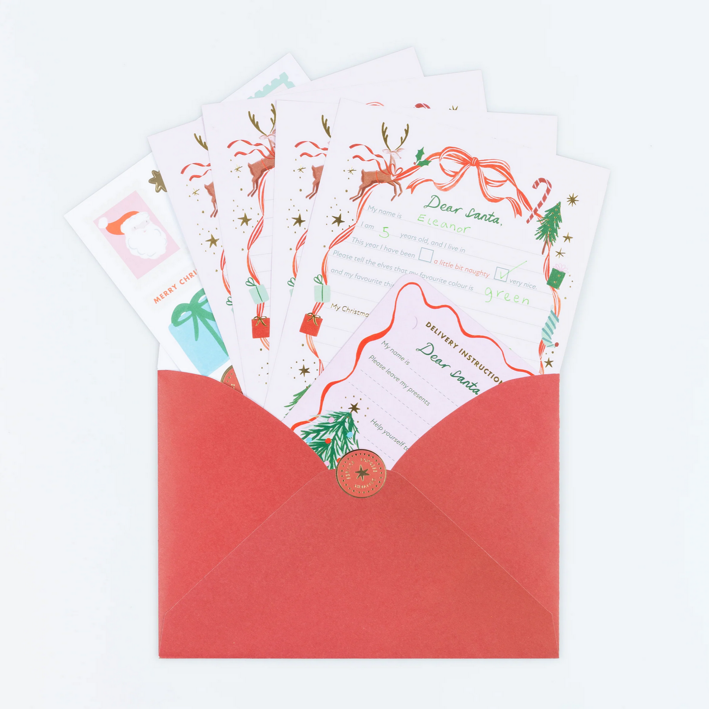 Christmas-themed letter with red envelope on a white background
