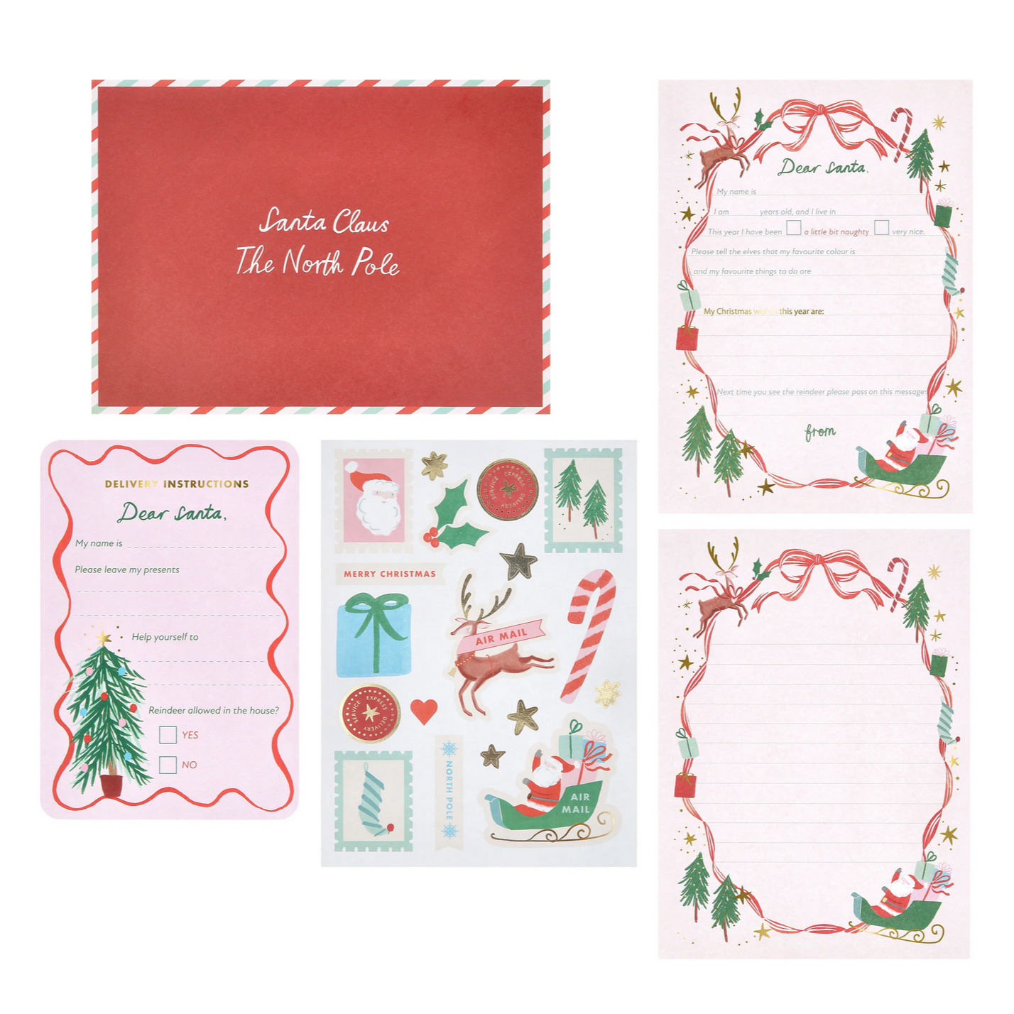 Collection of Christmas-themed stationery items including envelopes and cards on a white background.