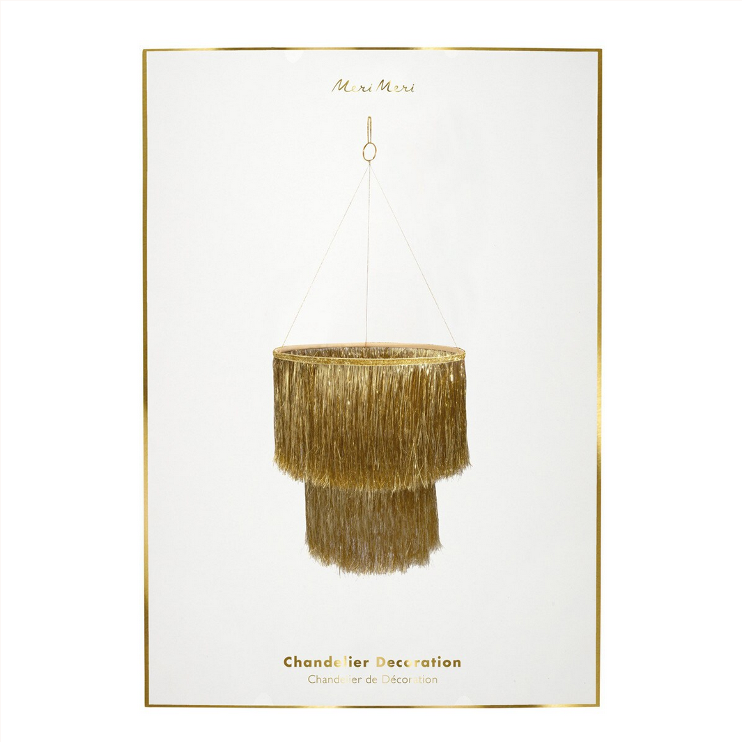 Gold fringe chandelier on a white card with 'Meri Meri' branding