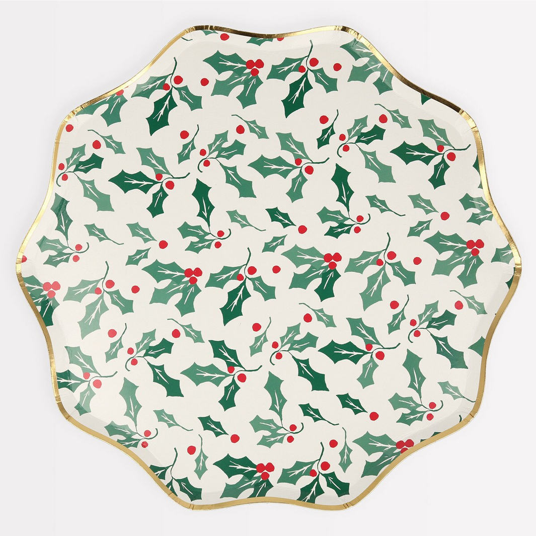 Decorative plate with holly berry pattern on a white background
