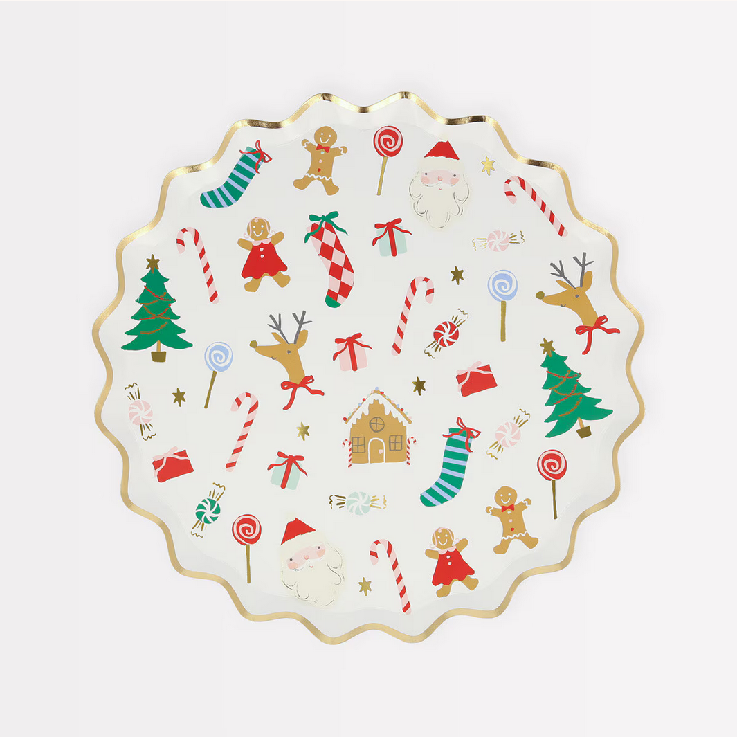 Decorative plate with Christmas-themed illustrations on a white background