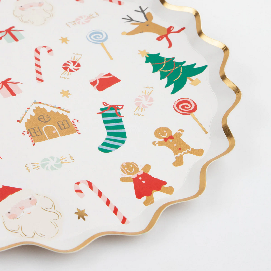 Decorative plate with Christmas-themed illustrations on a white background