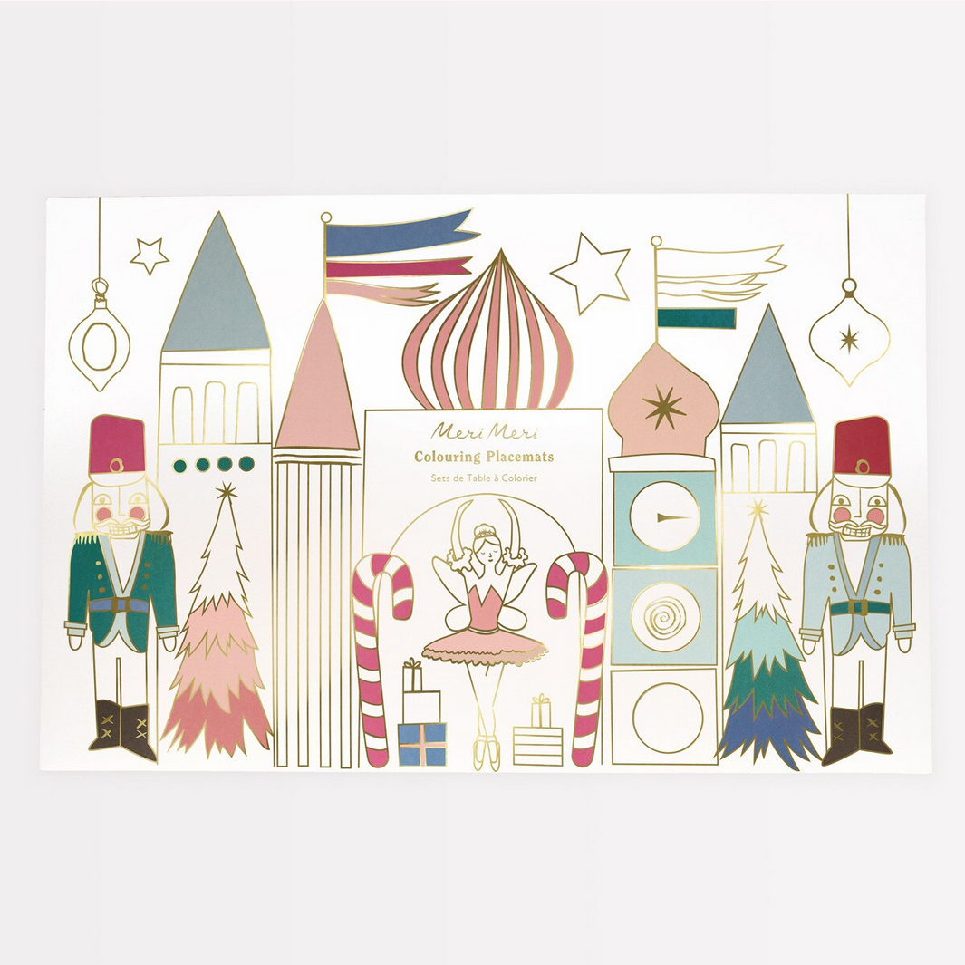 Illustrated Christmas-themed placemat with festive elements on a white background