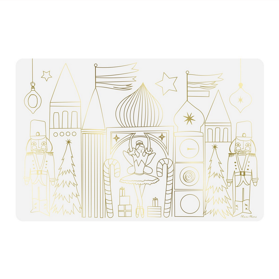 Decorative card with gold Christmas illustrations on a white background