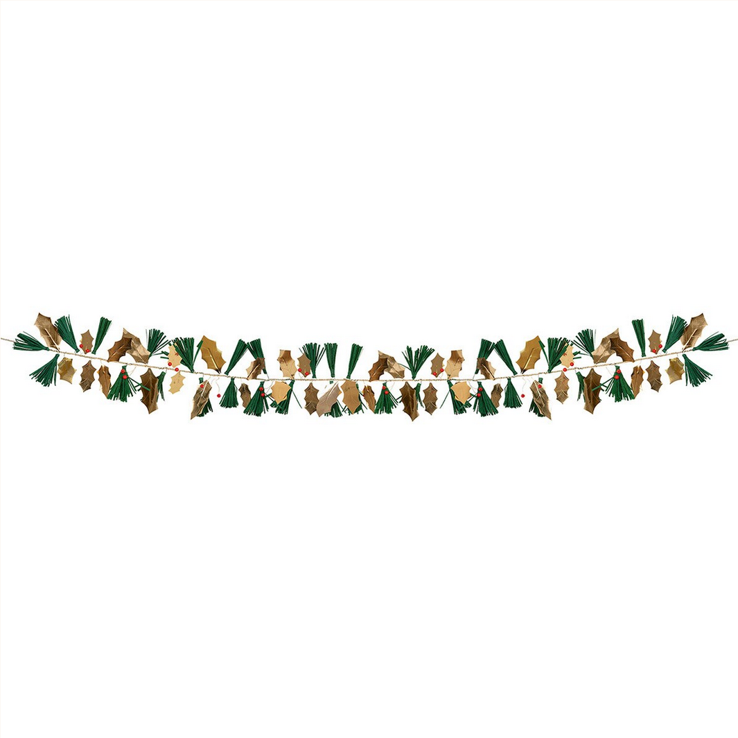 Decorative garland with birds and greenery on a white background