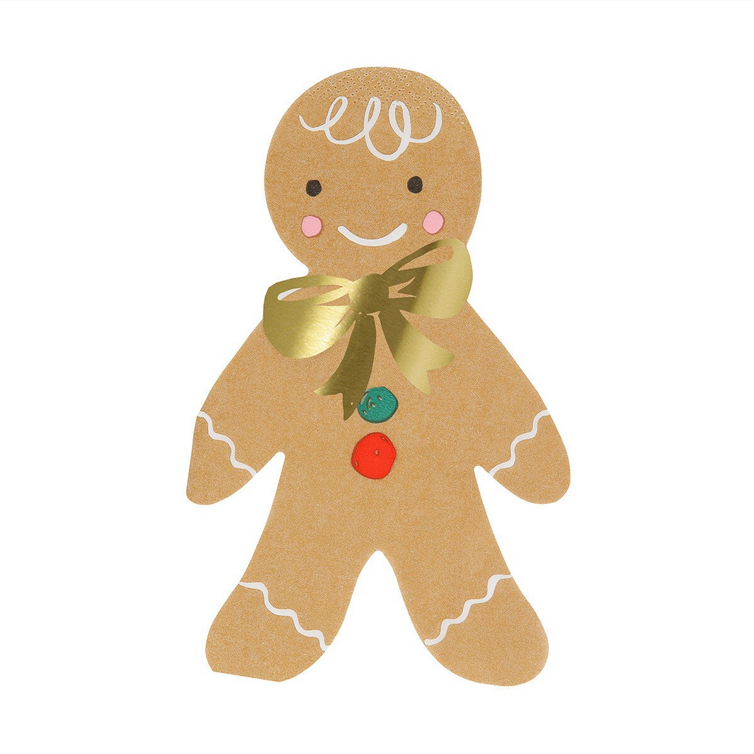 Gingerbread man napkin with a gold bow on a white background