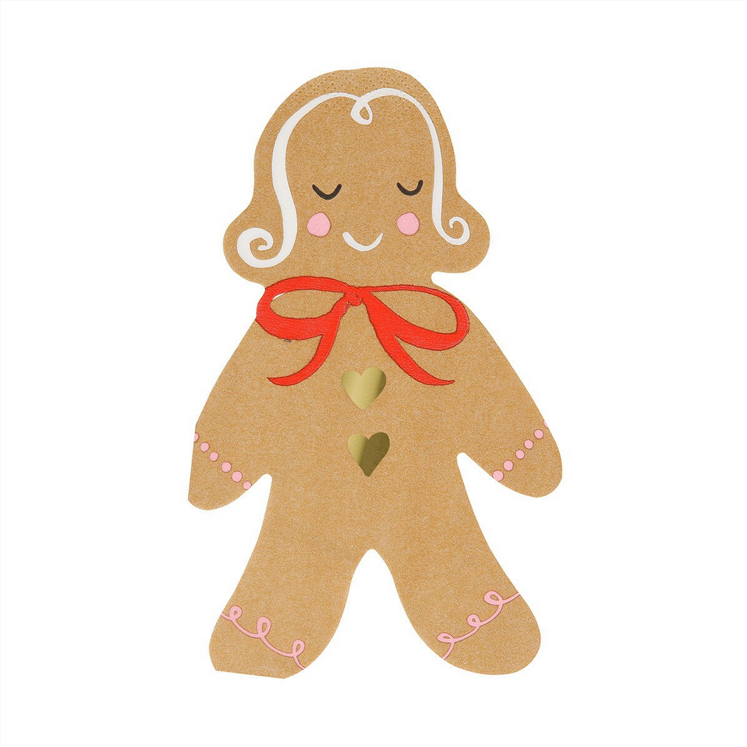 Gingerbread girl cookie napkin with a red ribbon on a white background