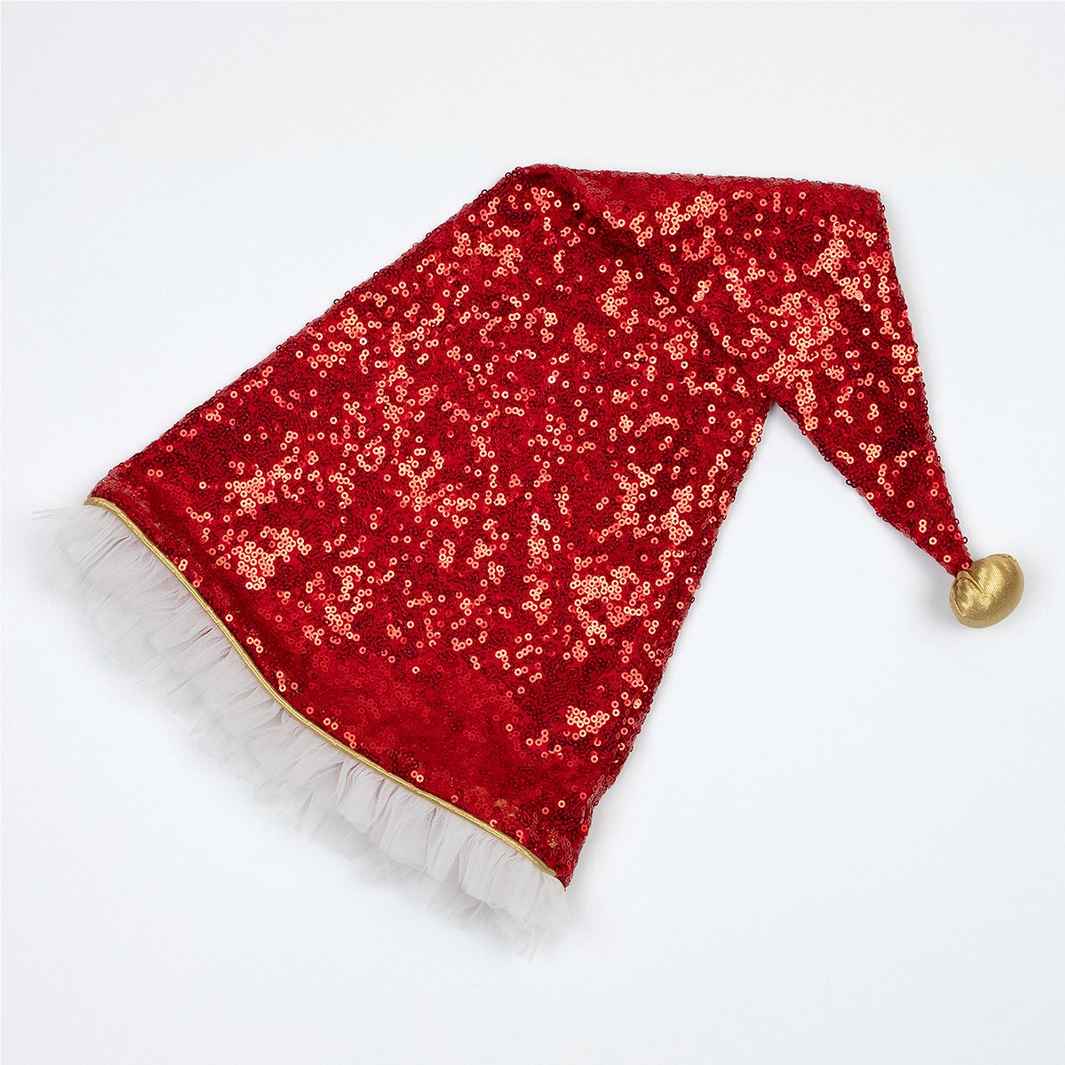 Red sequined skirt with a gold trim on a white background