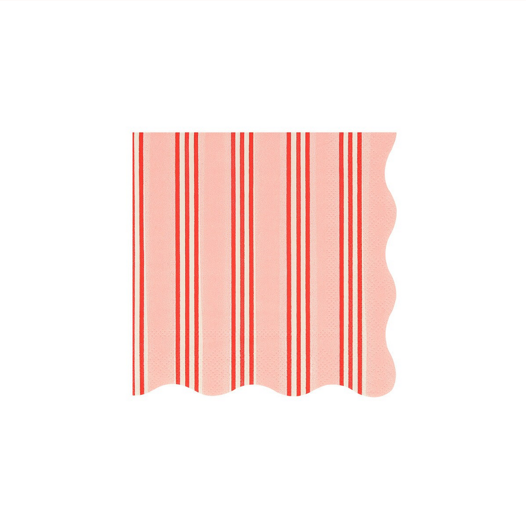 Rectangular pink fabric swatch with red vertical stripes on a white background