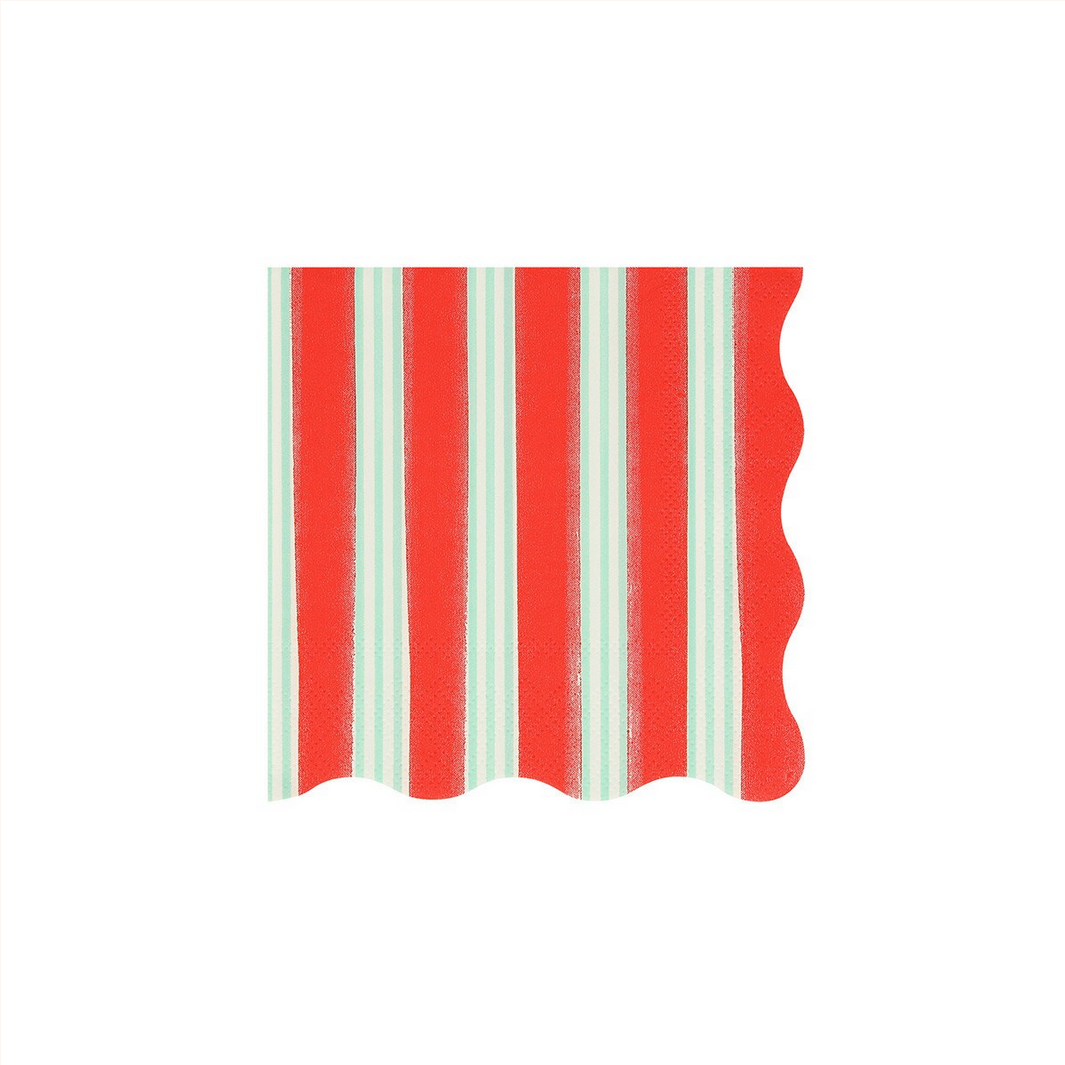 Red and green striped paper plate on a white background
