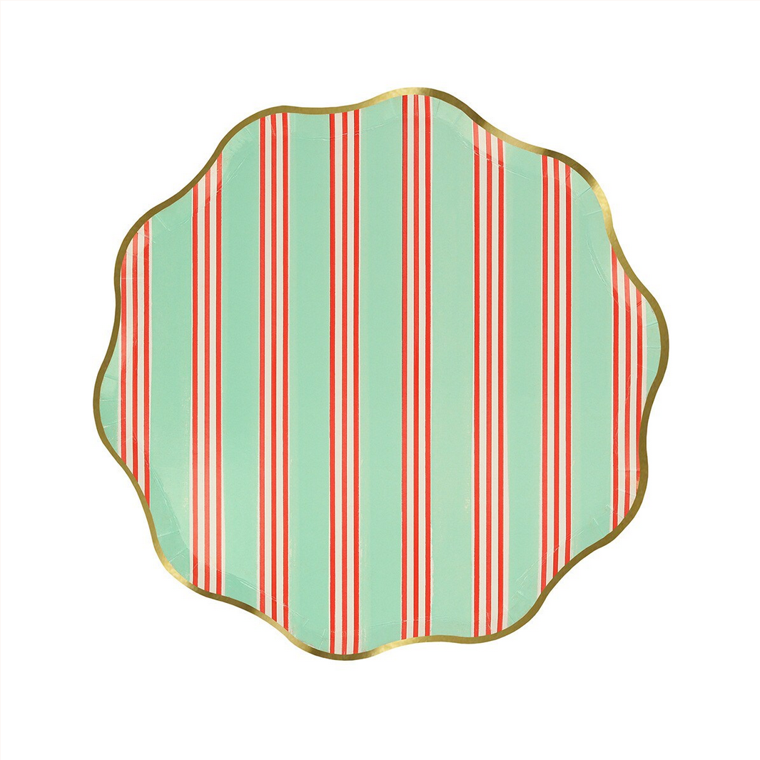 Decorative plate with red and green striped pattern on a white background