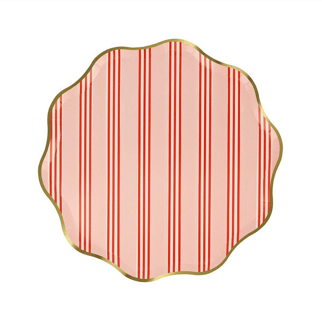 Decorative plate with red and pink stripes on a white background