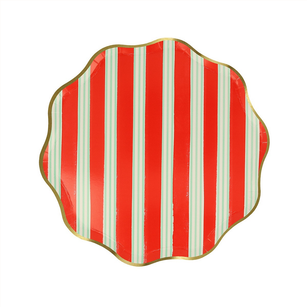 Decorative plate with red and green striped pattern on a white background