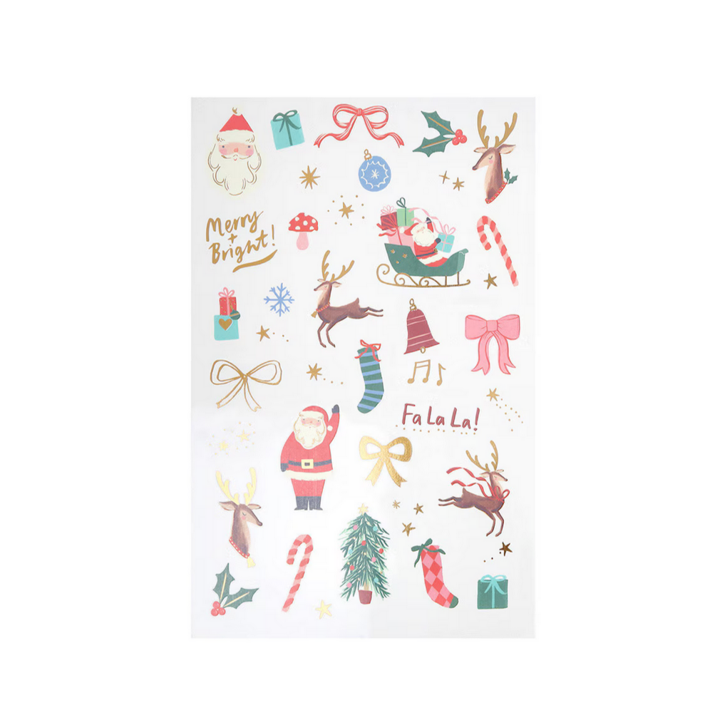 Sheet of Christmas-themed stickers with Santa Claus, reindeer, and other festive elements on a white background.