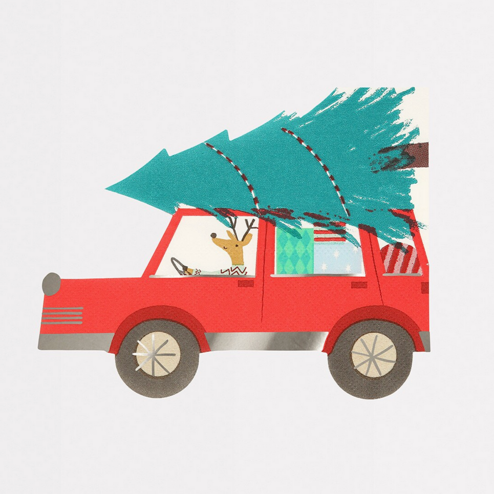 Illustration of a red truck carrying a Christmas tree on a white background