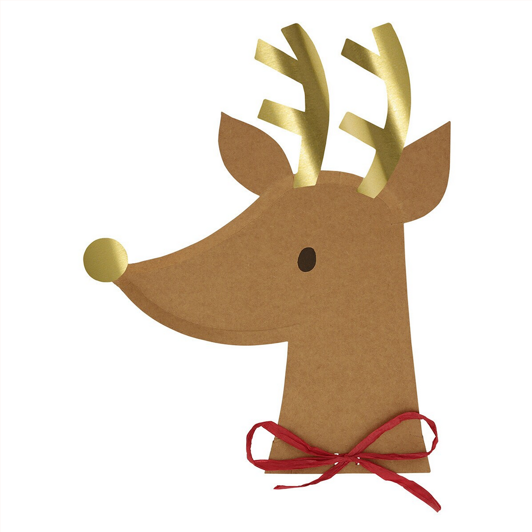 Cardboard reindeer decoration with gold antlers and a red bow on a white background