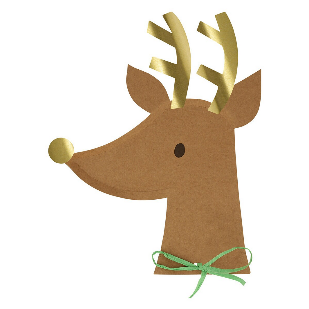 Simple illustration of a reindeer head with gold antlers and a green bow on a white background