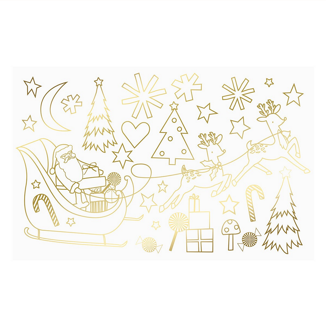 Gold Christmas-themed illustrations including Santa in sleigh, reindeer, trees, and stars on a white background.