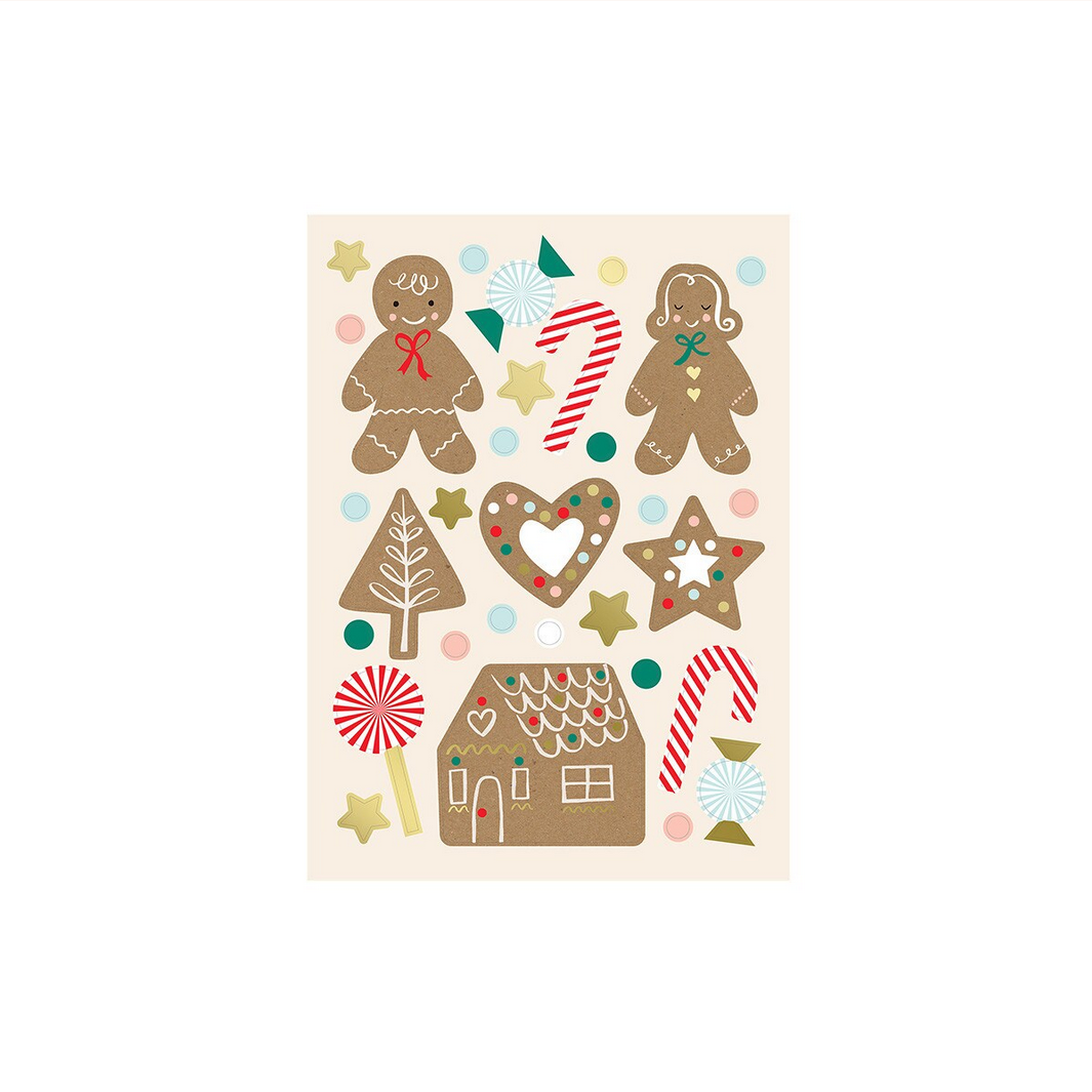 Set of Christmas-themed stickers featuring gingerbread men, trees, and a house on a beige background.