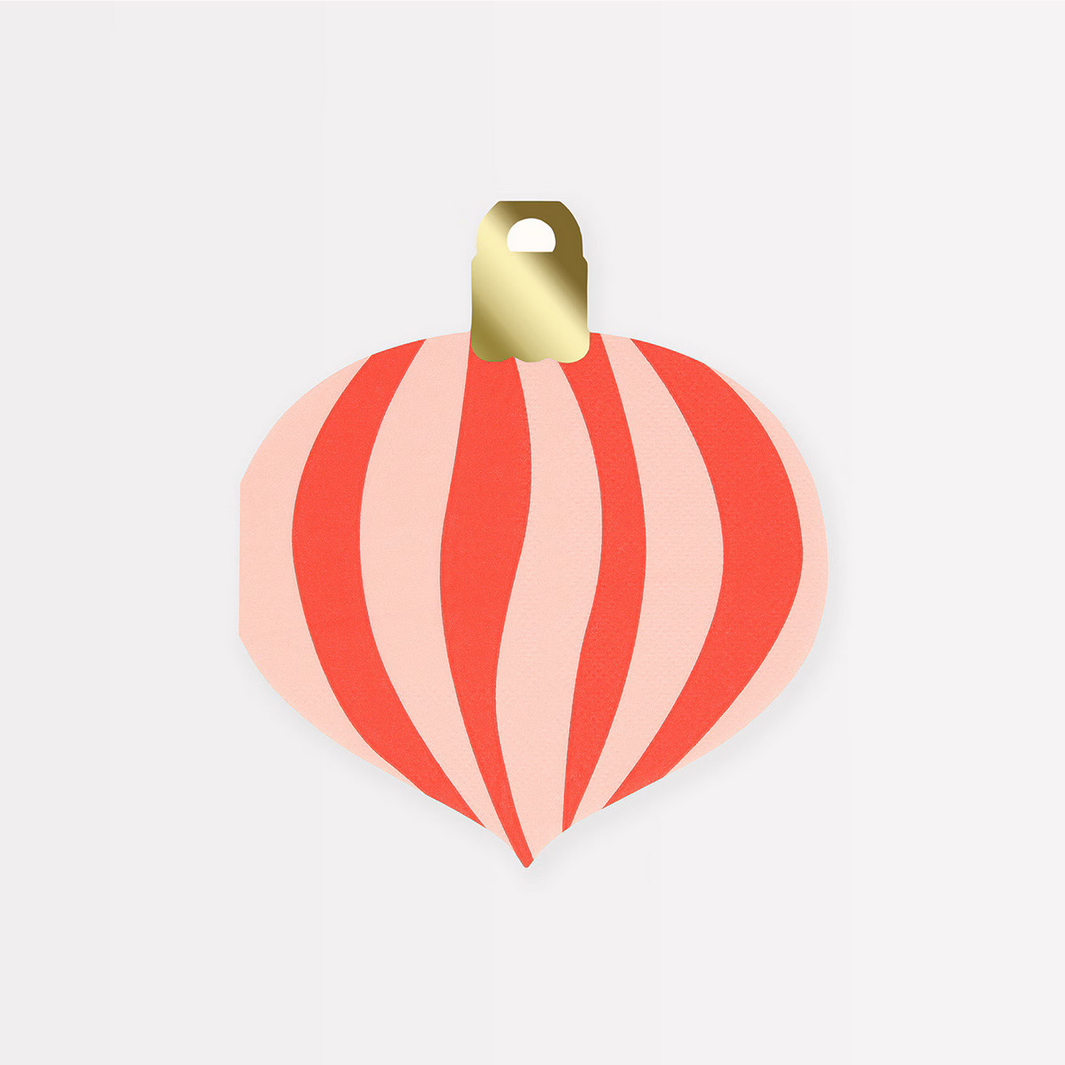 Heart-shaped ornament with red and pink stripes on a white background