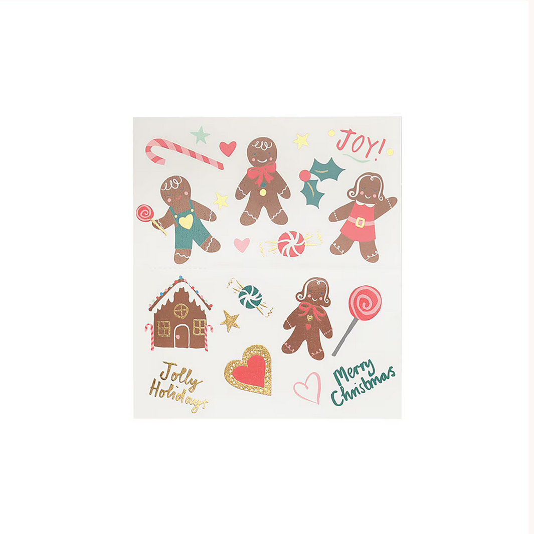 Sheet of Christmas-themed stickers with gingerbread men, candy canes, and other festive elements on a white background.