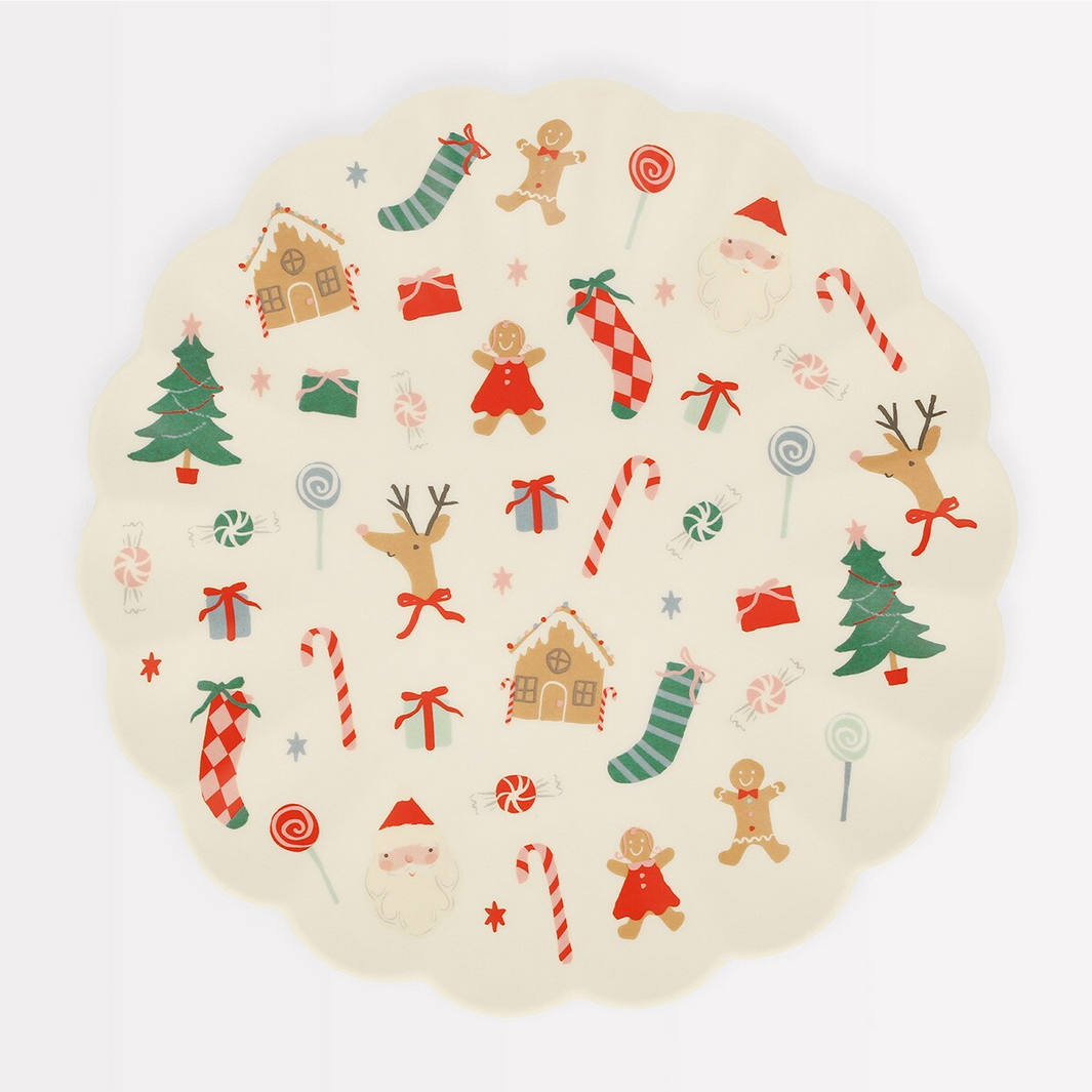 Round decorative plate with Christmas-themed illustrations on a white background