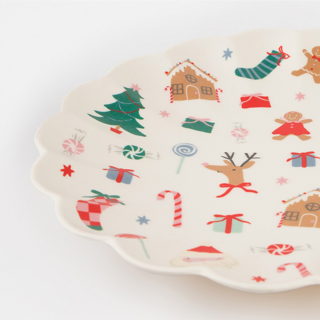 Decorative plate with Christmas-themed illustrations on a white background
