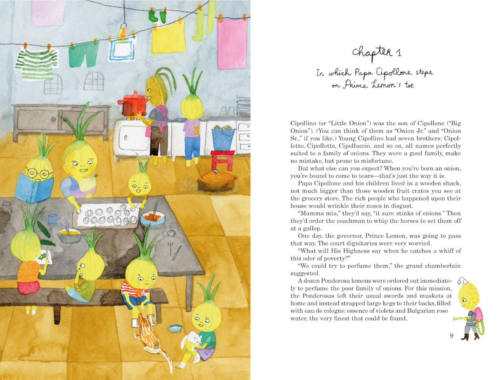 Illustrated book page with food characters in a classroom setting