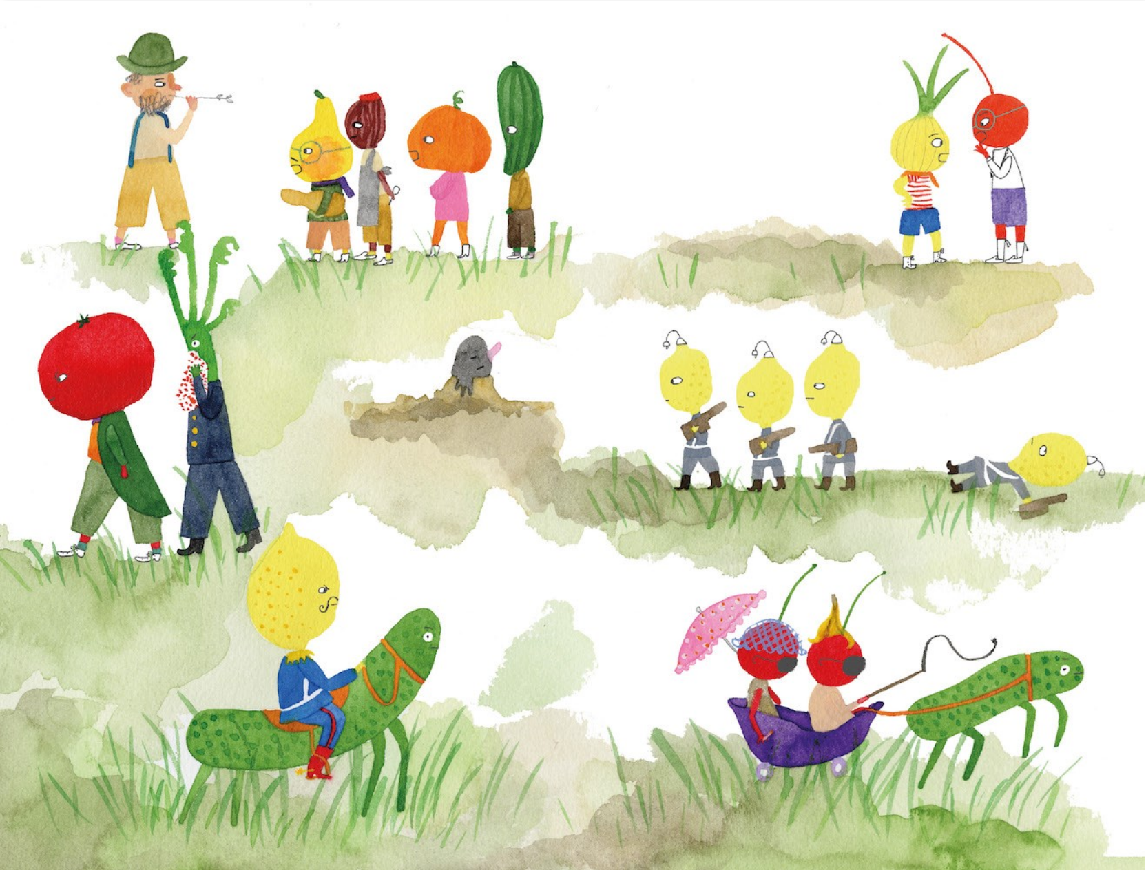 Illustration of various characters with vegetable heads in a garden setting.