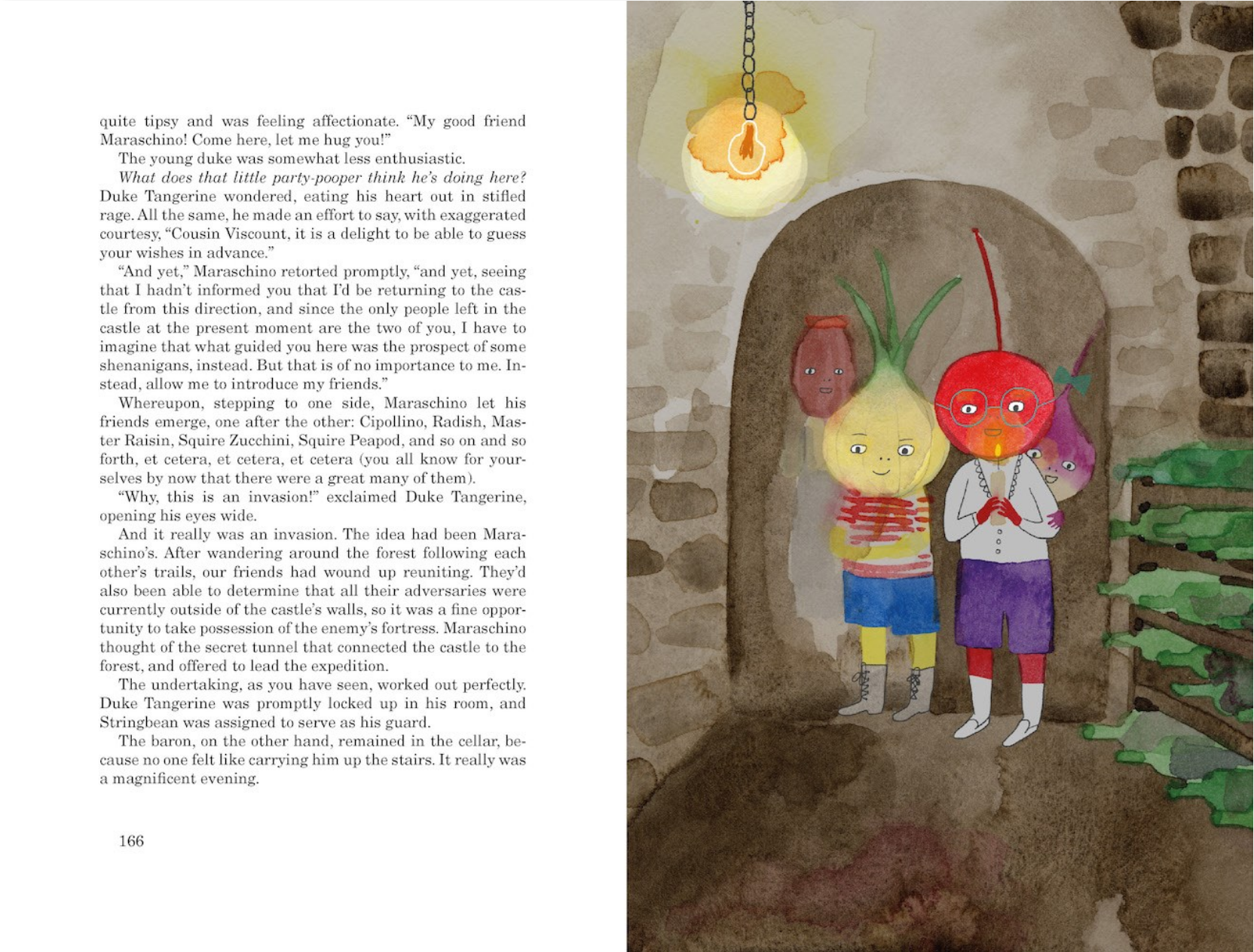 Illustrated book page with characters in a stone archway and text.