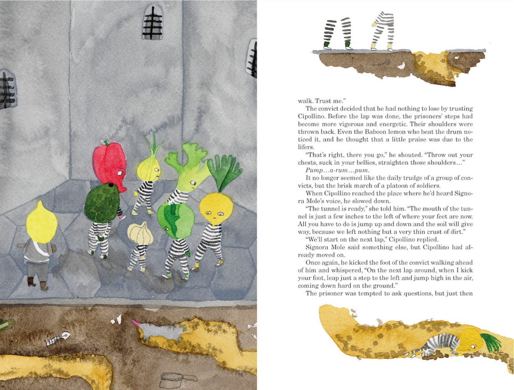 Illustrated book page with colorful characters and text on a gray background