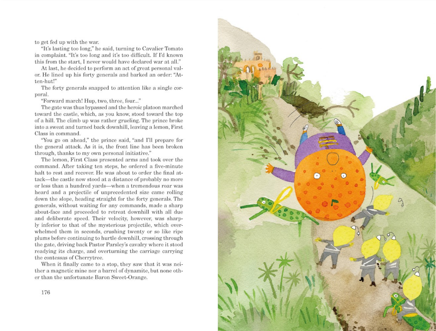 Illustrated page from a children's book with a colorful scene of a character in a purple outfit and an orange head, surrounded by small yellow figures on a path.