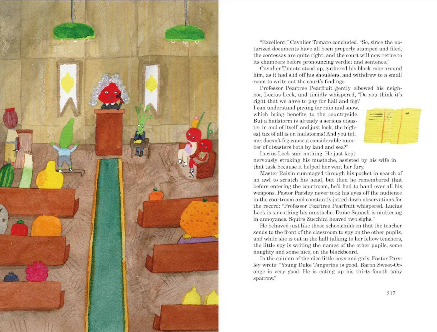 Illustrated book page with colorful characters and objects in a room setting.