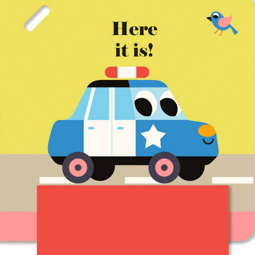 Illustration of a police car on a red platform with a yellow background and text.