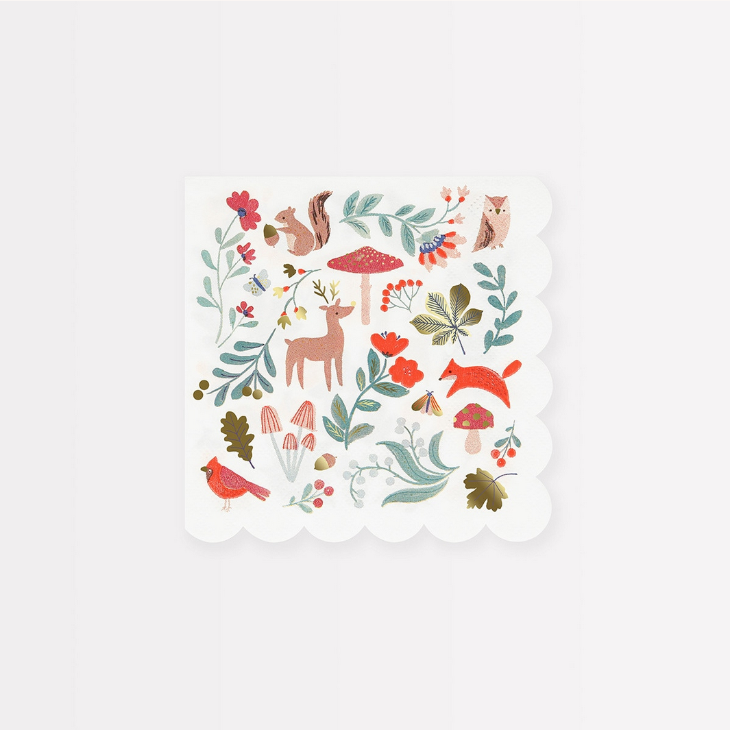 Woodland-themed decorative paper with animals and plants on a white background