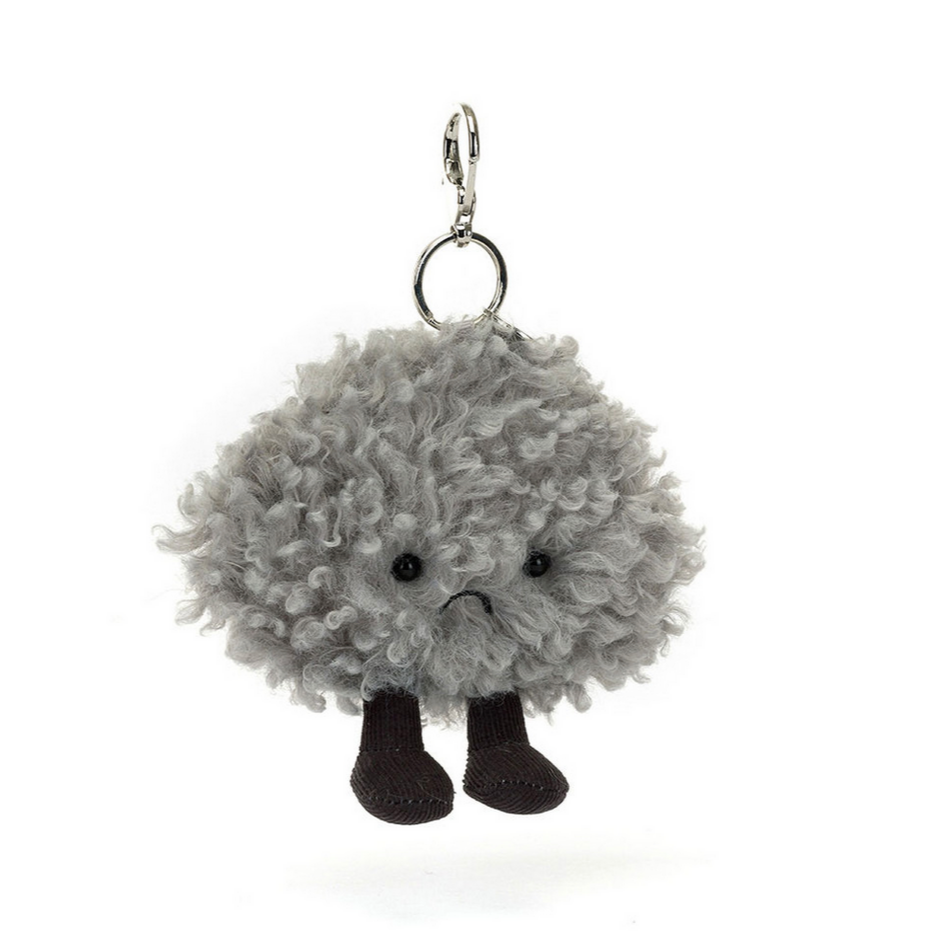 Gray fluffy keychain with black feet on a white background