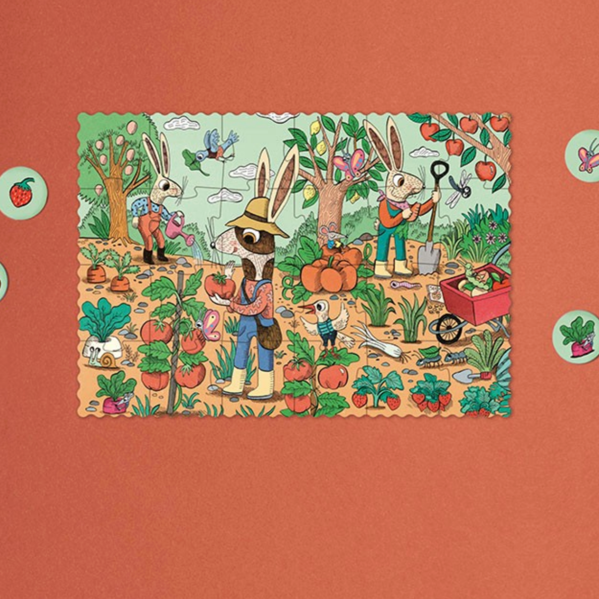 Illustration of a garden scene with characters and vegetables on a brown background
