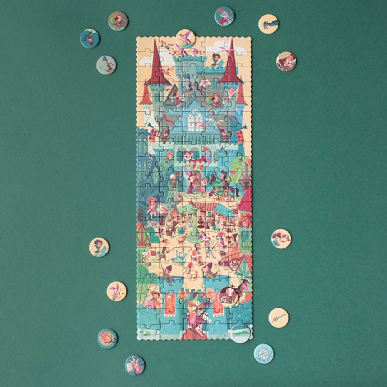 Partial puzzle with a castle design on a green background