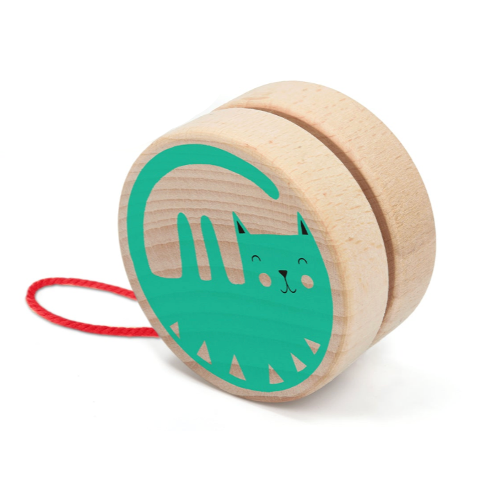 Wooden toy with green cat design on a white background