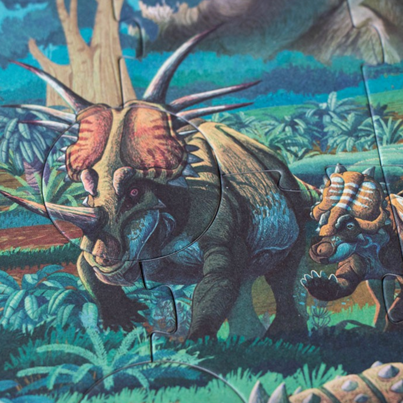 Colorful illustration of a dinosaur in a jungle setting