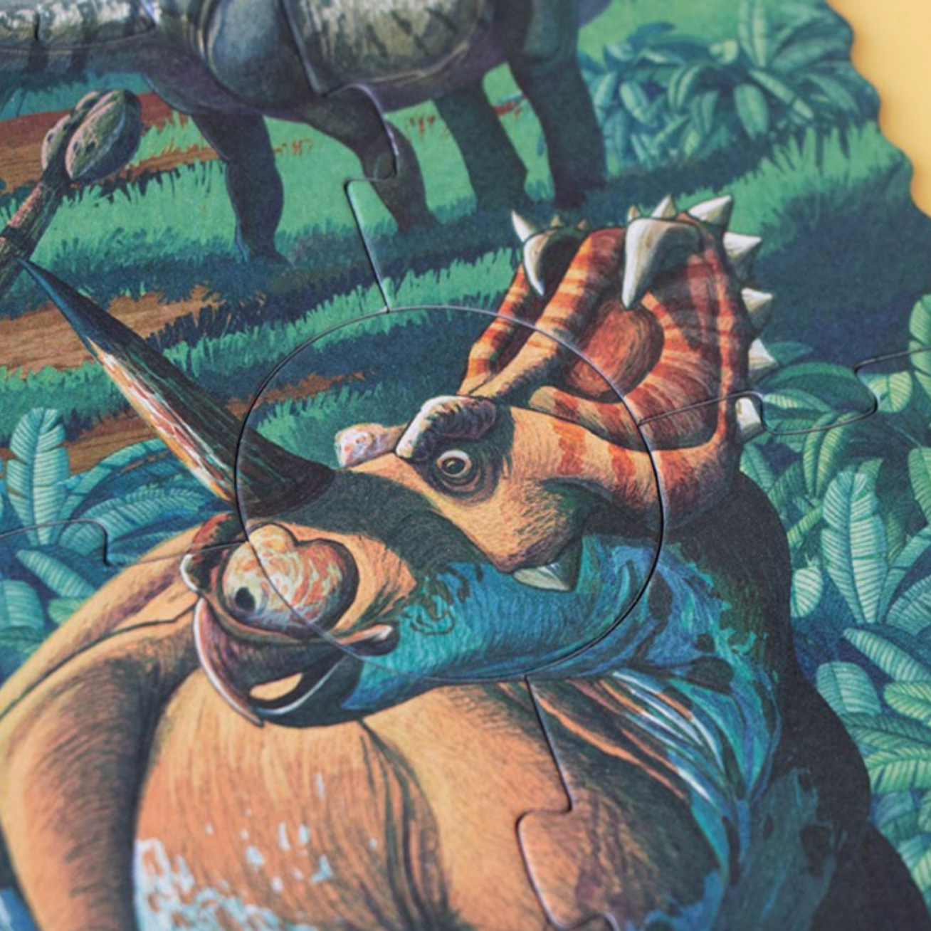 Colorful illustration of a dinosaur-like creature with a long neck and spikes, set against a jungle background.