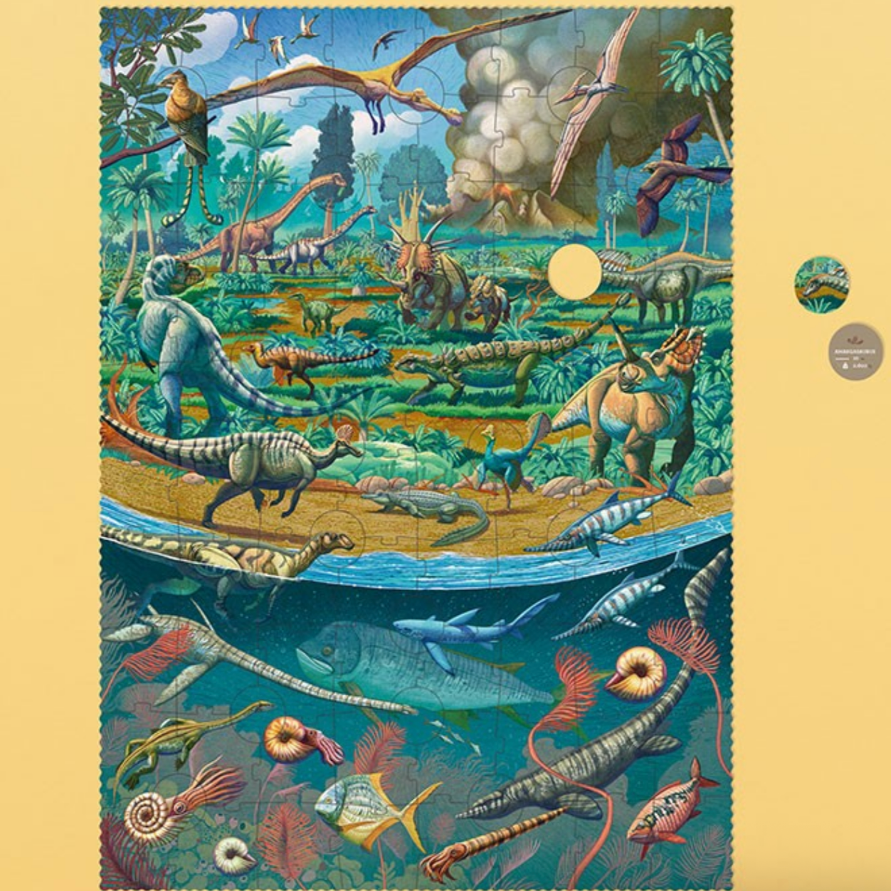 Illustration of a prehistoric scene with dinosaurs and marine life on a beige background