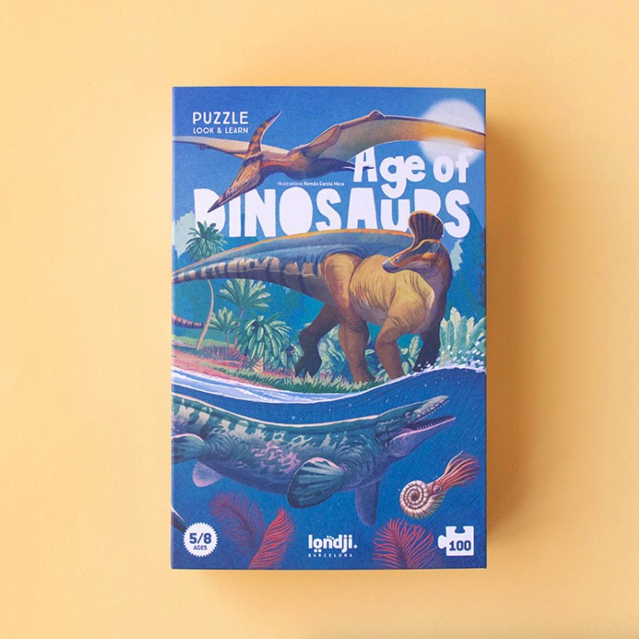 Puzzle box titled 'Age of Dinosaurs' with dinosaur illustrations on a beige background