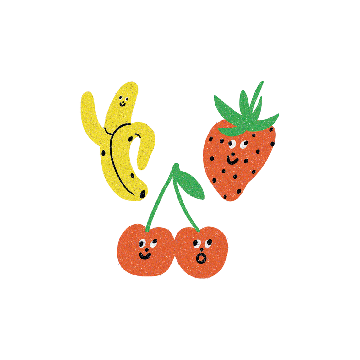 Cartoon banana, strawberry, and cherries on a white background
