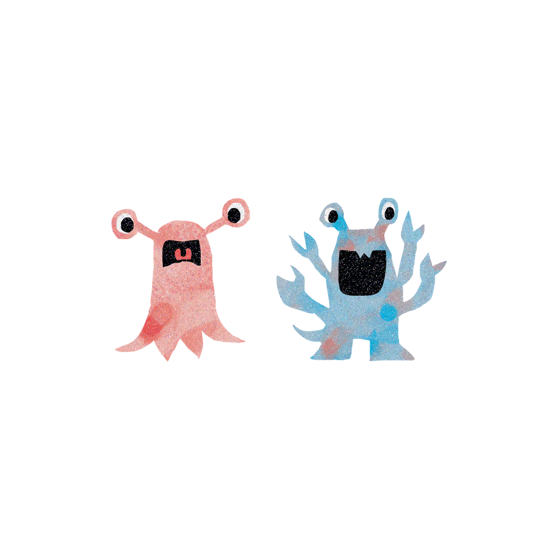 Two cartoon monsters, one pink and one blue, on a white background