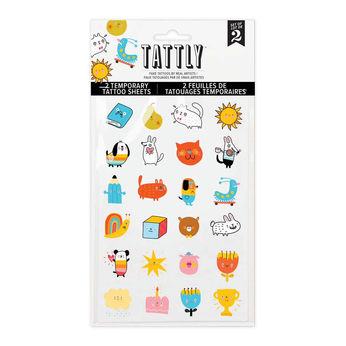 Tattly temporary tattoo sheets packaging with various cartoon designs on a white background