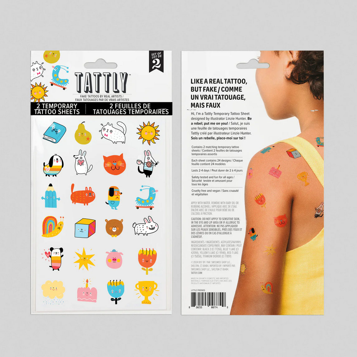 Tattly temporary tattoos packaging with a sample on skin, featuring cartoon designs.
