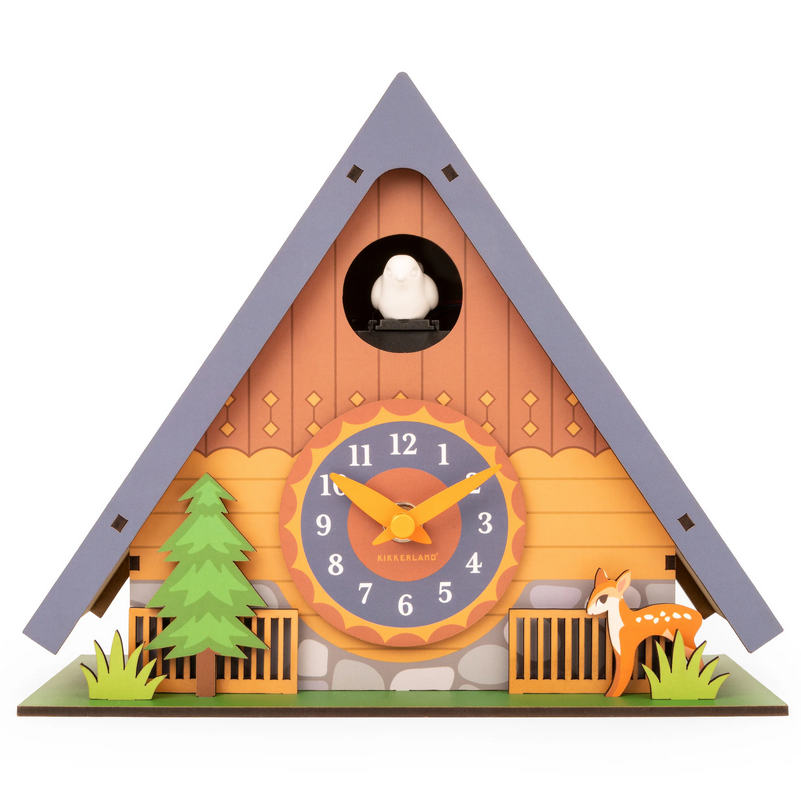 Wooden cuckoo clock with a deer and tree design on a white background