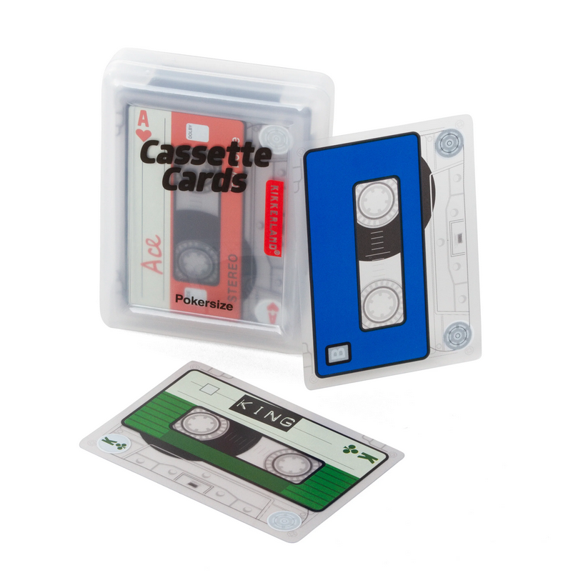 Cassette tape-shaped cards with a clear plastic case on a white background