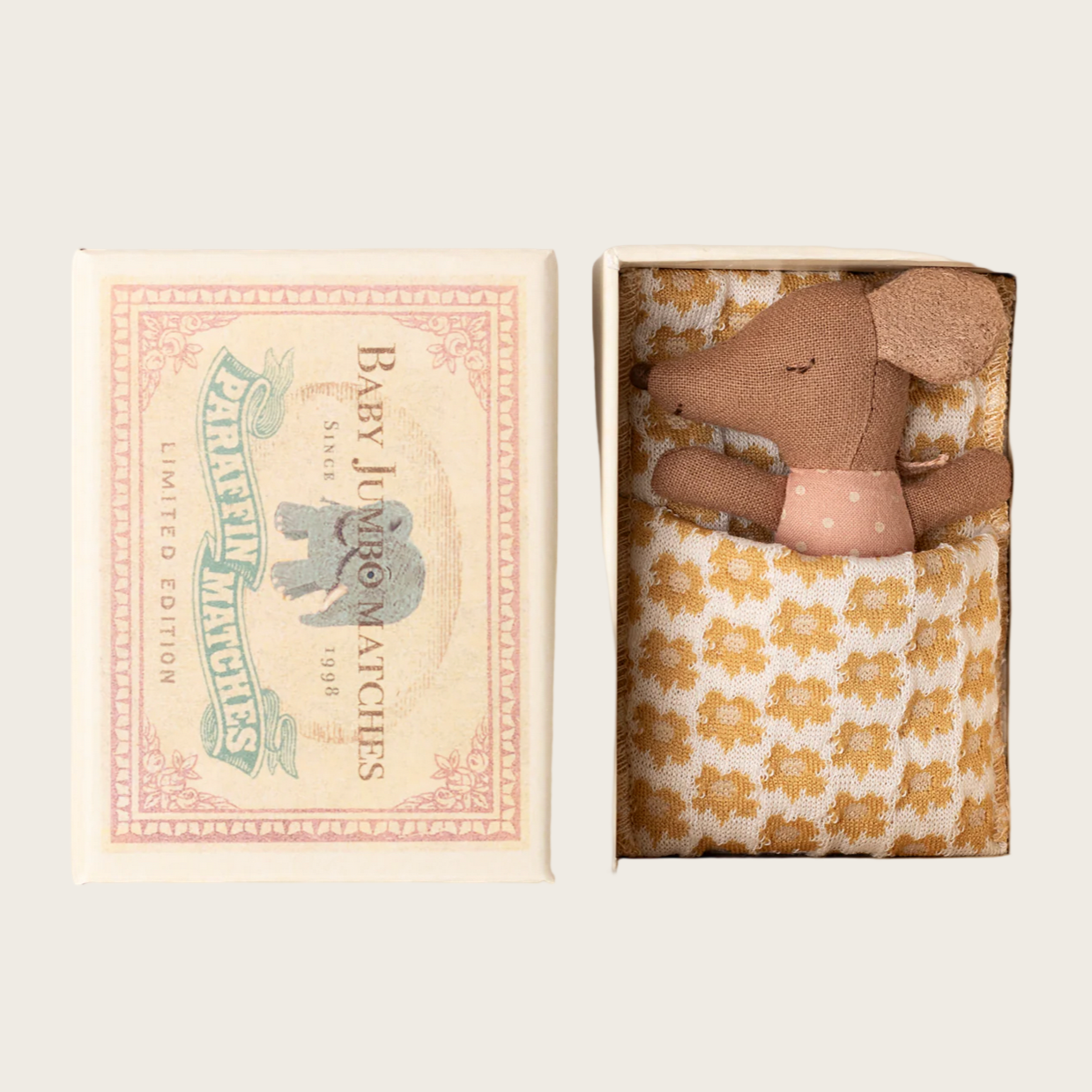 Product page of a toy mouse in a matchbox with 'Maileg' branding.
